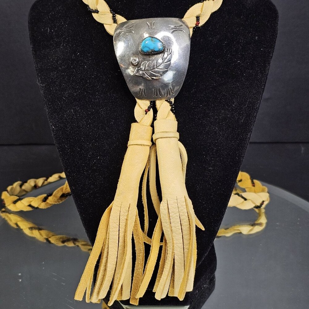 Navajo Turquoise Sterling Silver Bolo Tie With Beaded Leather Native American US